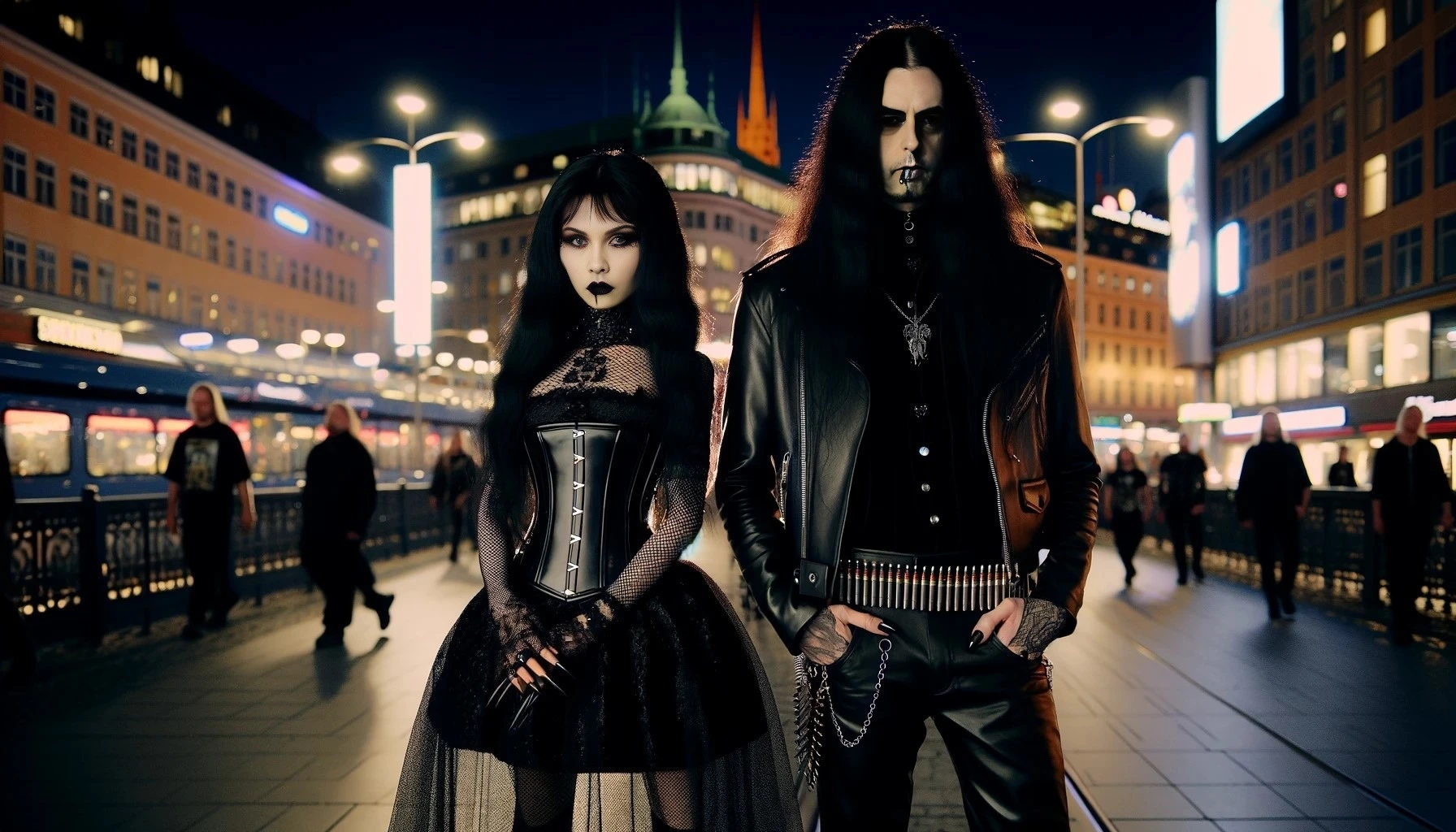  A gothic couple poses in the illuminated night of Gothenburg, with the woman in a detailed corset and the man in leather, their pale features stark against the city lights.