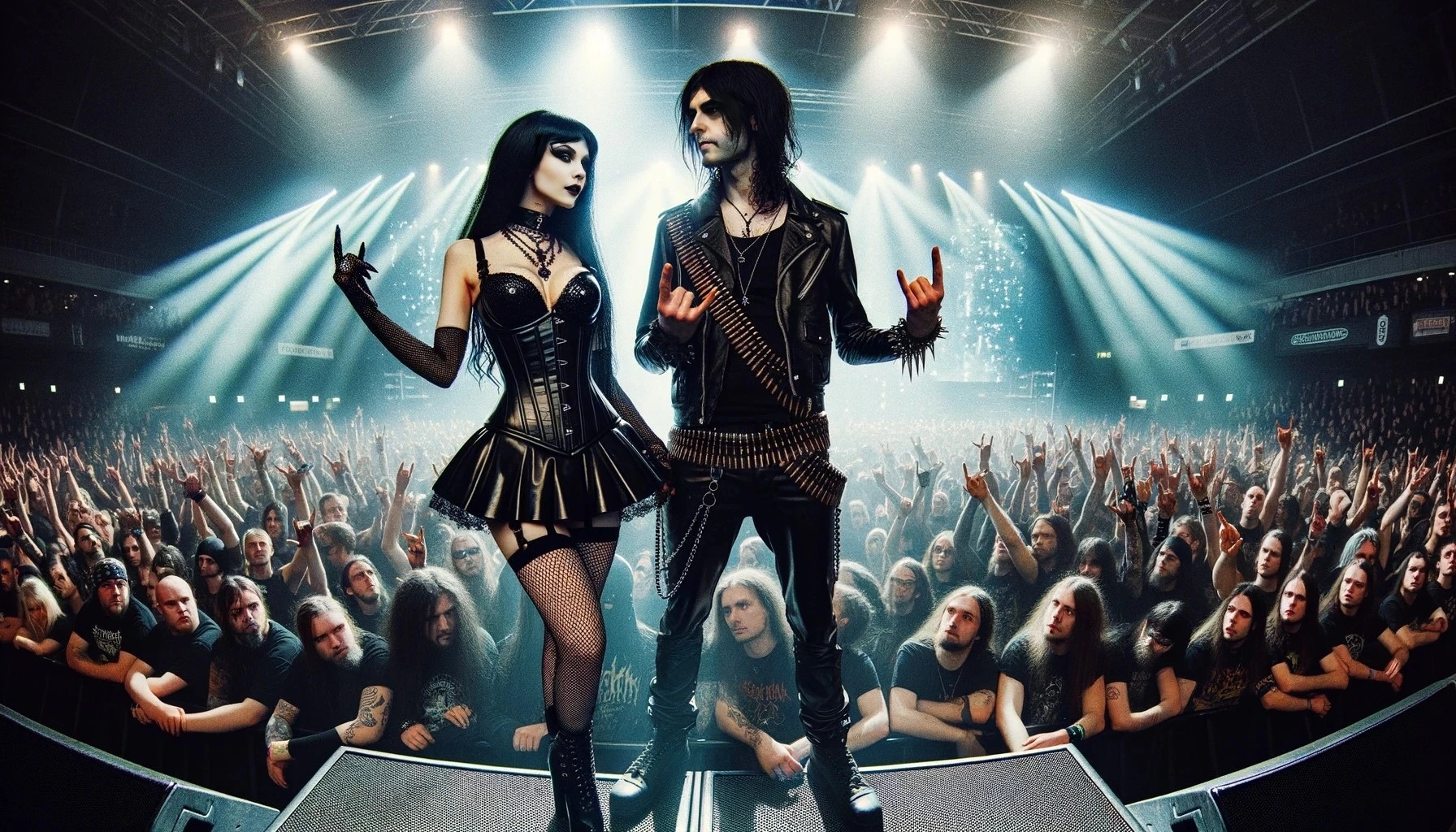 At a heavy metal concert, a gothic woman and a black metalhead man stand amidst the excitement of the crowd, commanding attention with their distinct style.