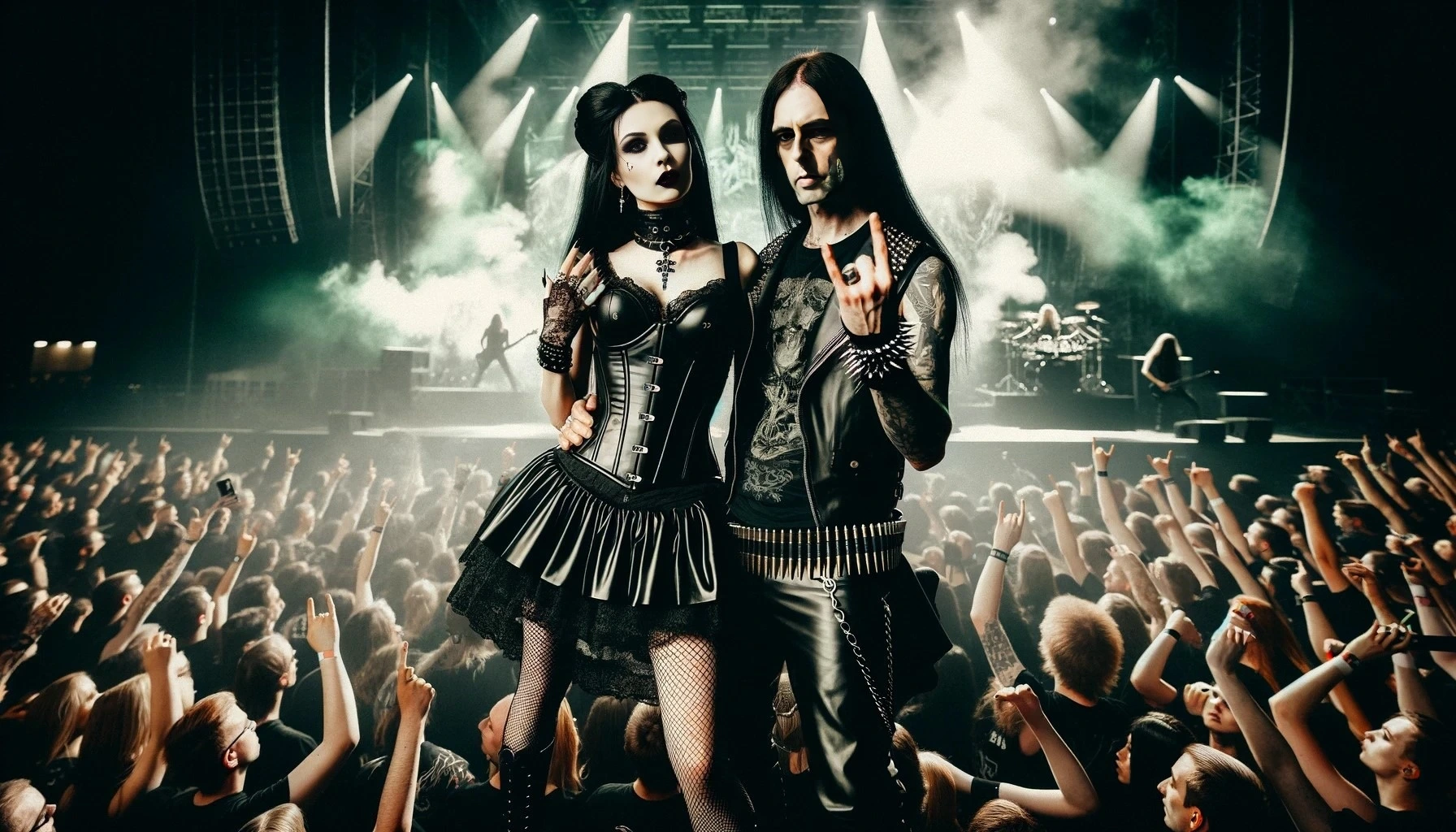 The electric energy of a heavy metal concert envelops a gothic woman and a black metalhead man, both exuding a powerful aura while surrounded by enthusiastic fans.