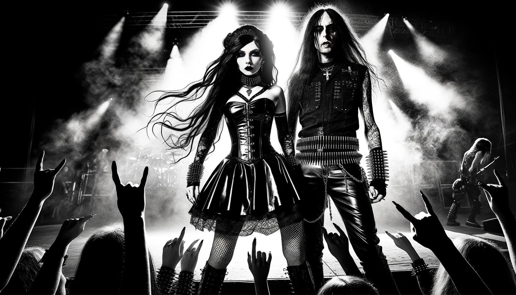 A gothic woman and a black metalhead man are in focus against the backdrop of a fervent heavy metal concert crowd, embodying the essence of the metal scene.