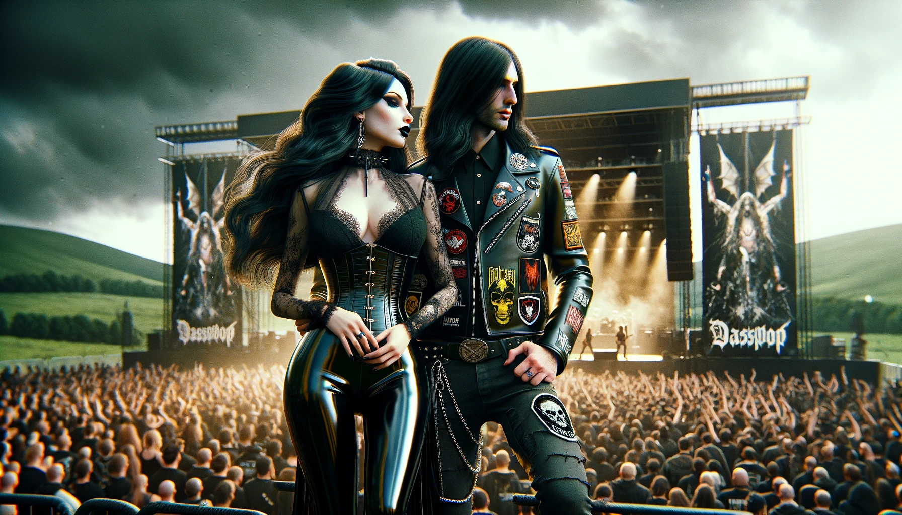 A digital artwork capturing the essence of Graspop Metal Meeting, with a couple in metal 2016 and goth attire overlooking a crowd of fans with the festival stage in the distance.
