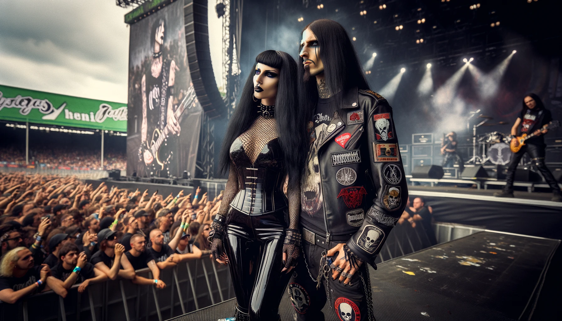 A gothic couple on stage at a Leyendas del Rock 2021 festival, woman in fishnet and corset, man in a leather jacket with band patches, crowd and guitarist in the background.