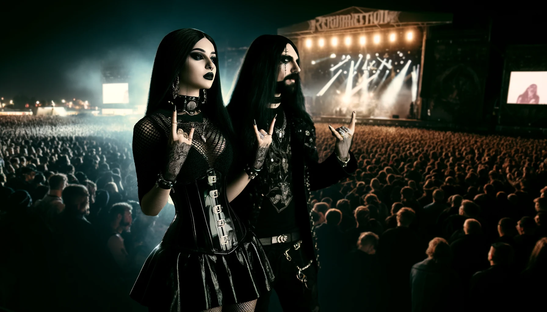 A Resurrection Fest 2016 scene with a goth couple, the woman in a mesh top and corset, the man in leather, both flashing the metal sign.