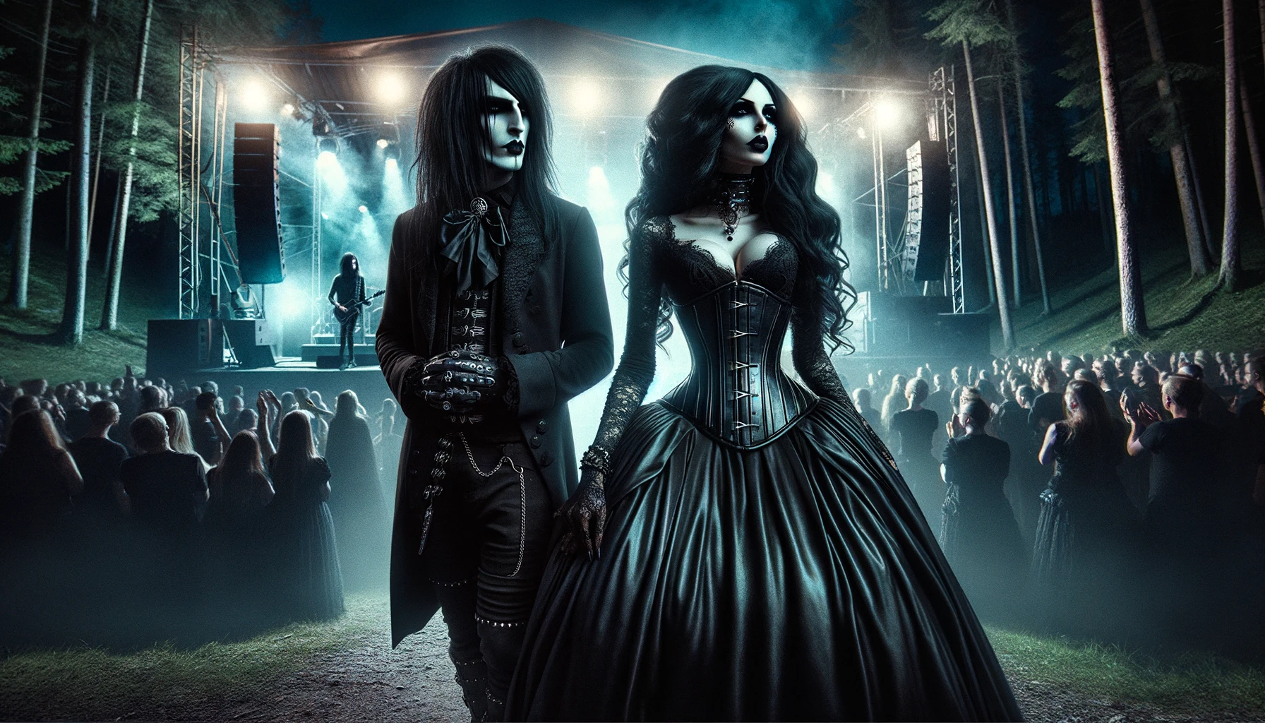 Photorealistic depiction of a gothic couple at Arvika Festivalen at night with stage and crowd in the background.