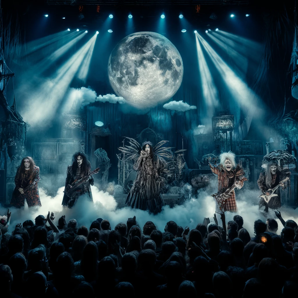 A rock band in horror-themed costumes performing onstage with an ominous full moon in the background, shrouded in stage fog.
