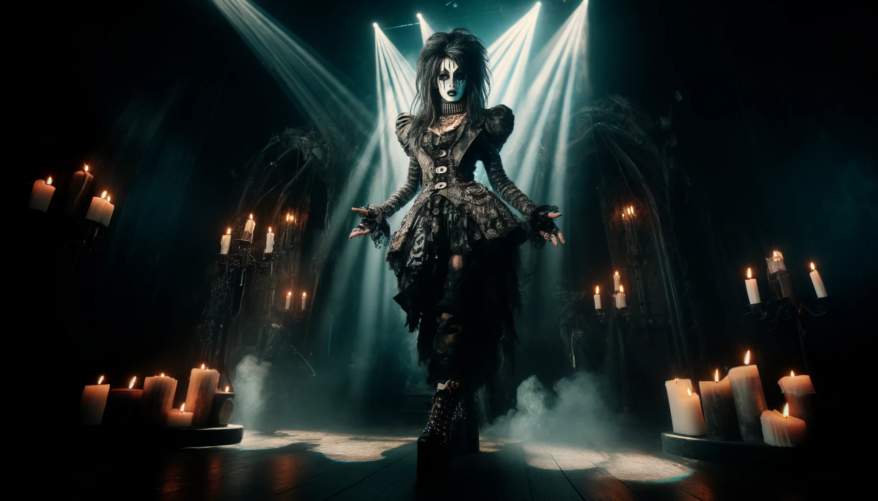 Female shock rock artist in a gothic attire with dramatic makeup standing on a dark stage flanked by candles.