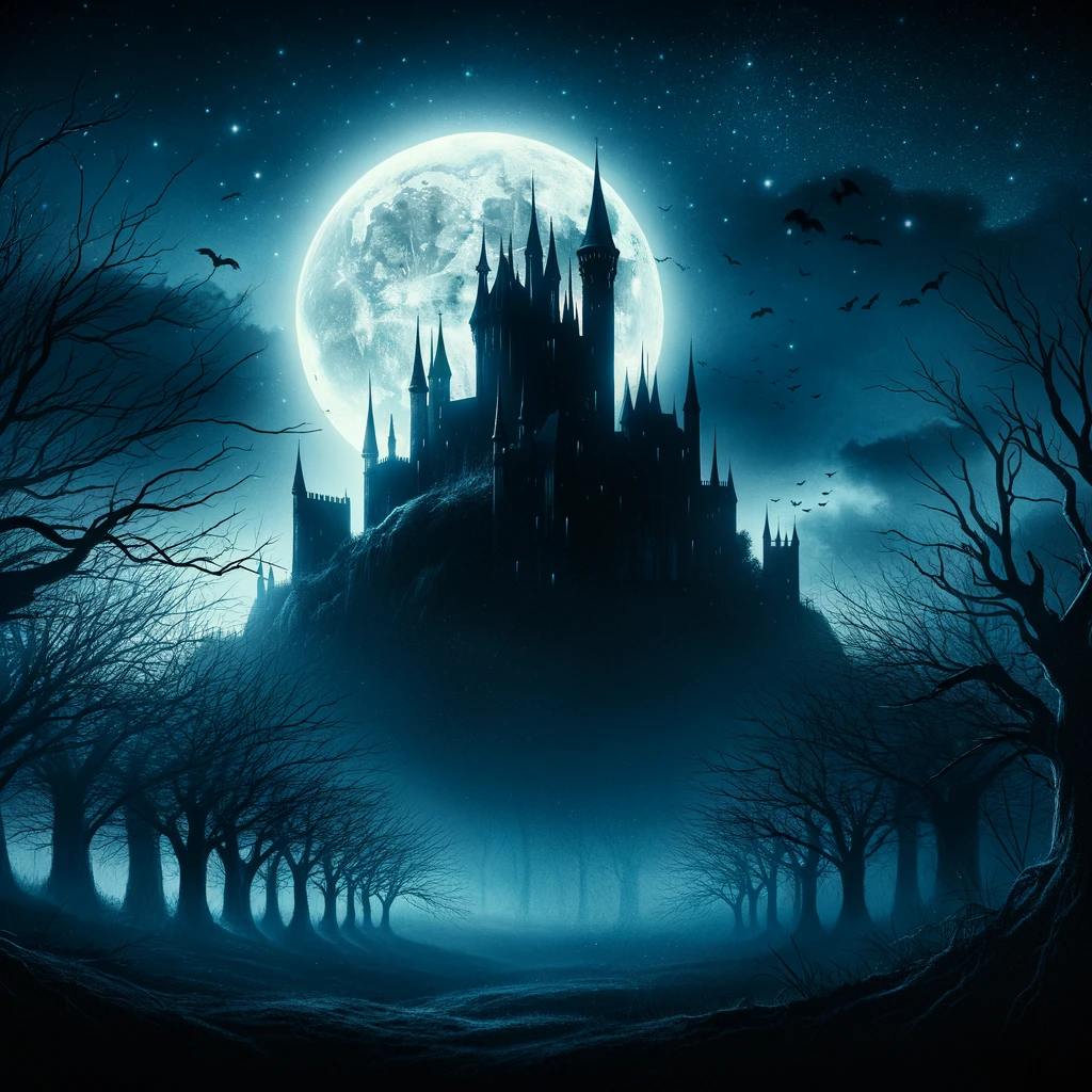 Gothic castle silhouette against a full moon in a starlit midnight blue sky, encapsulating the mood of BlutEngel's 'We Belong to the Night'.