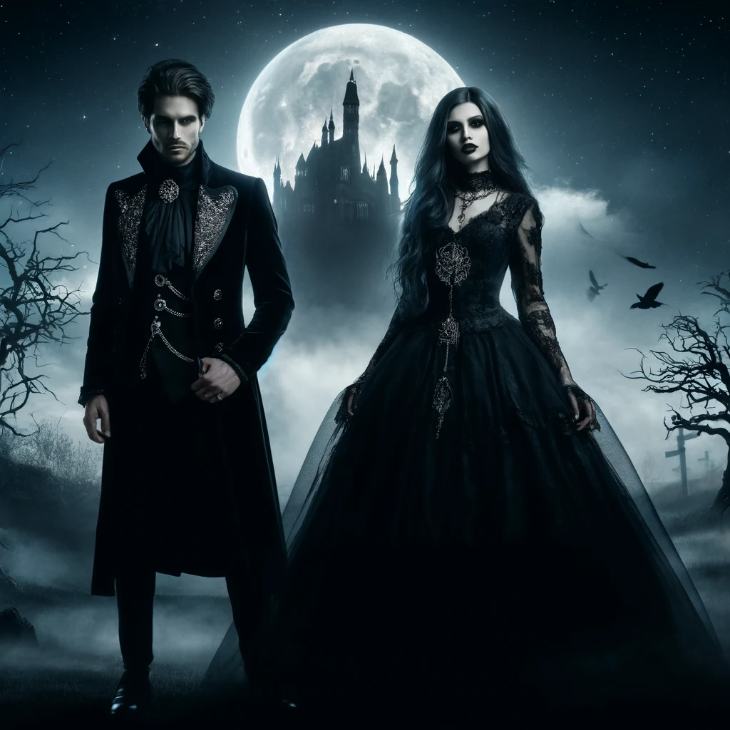 A gothic man and woman stand before a castle under a full moon, evoking the dark romance of BlutEngel's 'We Belong to the Night'.