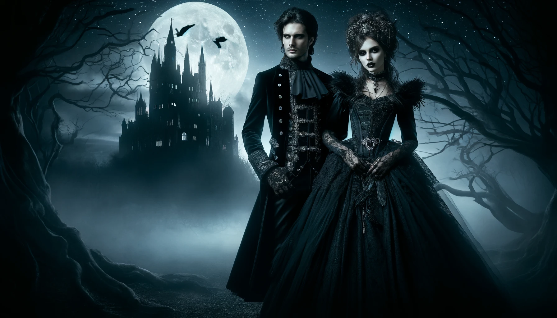 Intense sketch of a gothic man and woman with a stark black background, inspired by BlutEngel ' aesthetics.