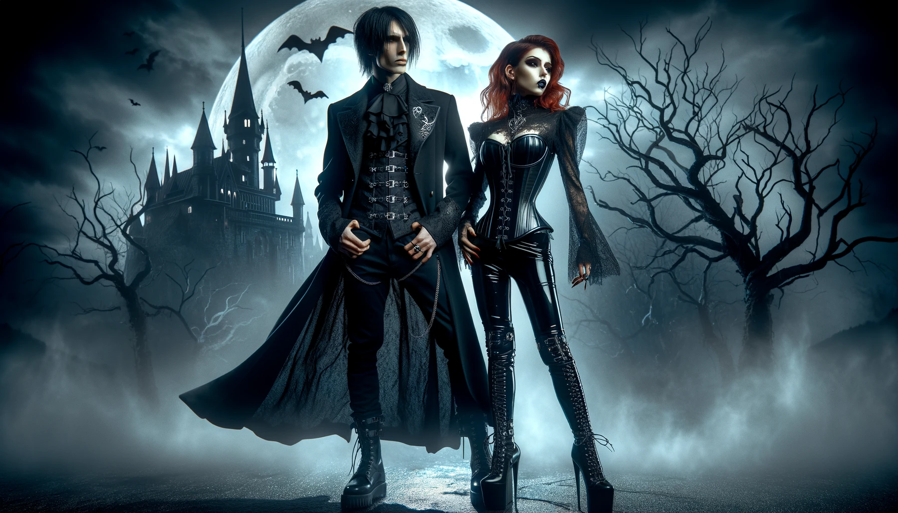Gothic scene featuring a man and woman under a full moon in front of a dark castle, inspired by BlutEngel - We Belong to the Night. The man in a black coat and the woman in a red-haired, latex outfit embody the song's dark, romantic essence.