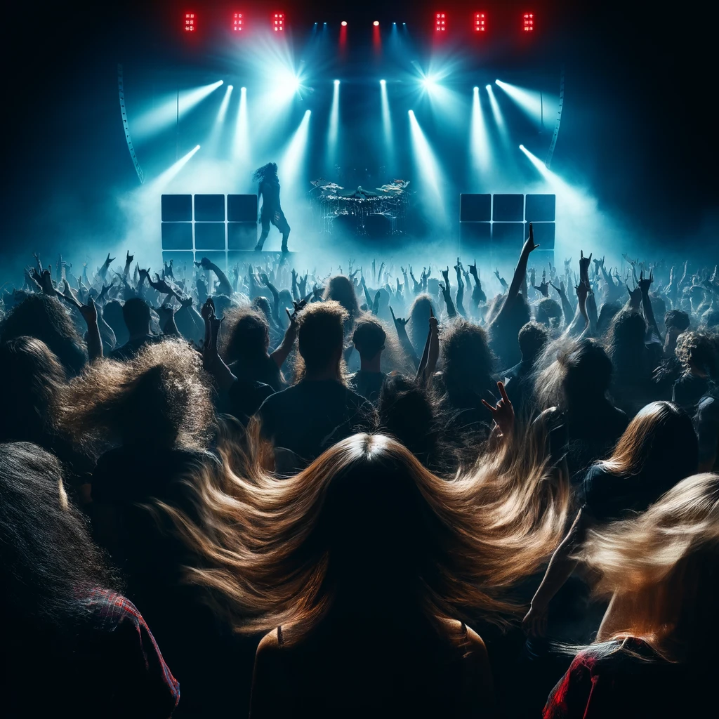 Silhouetted metal band performs for a headbanging crowd, epitomizing the longest headbanging sets in metal history.