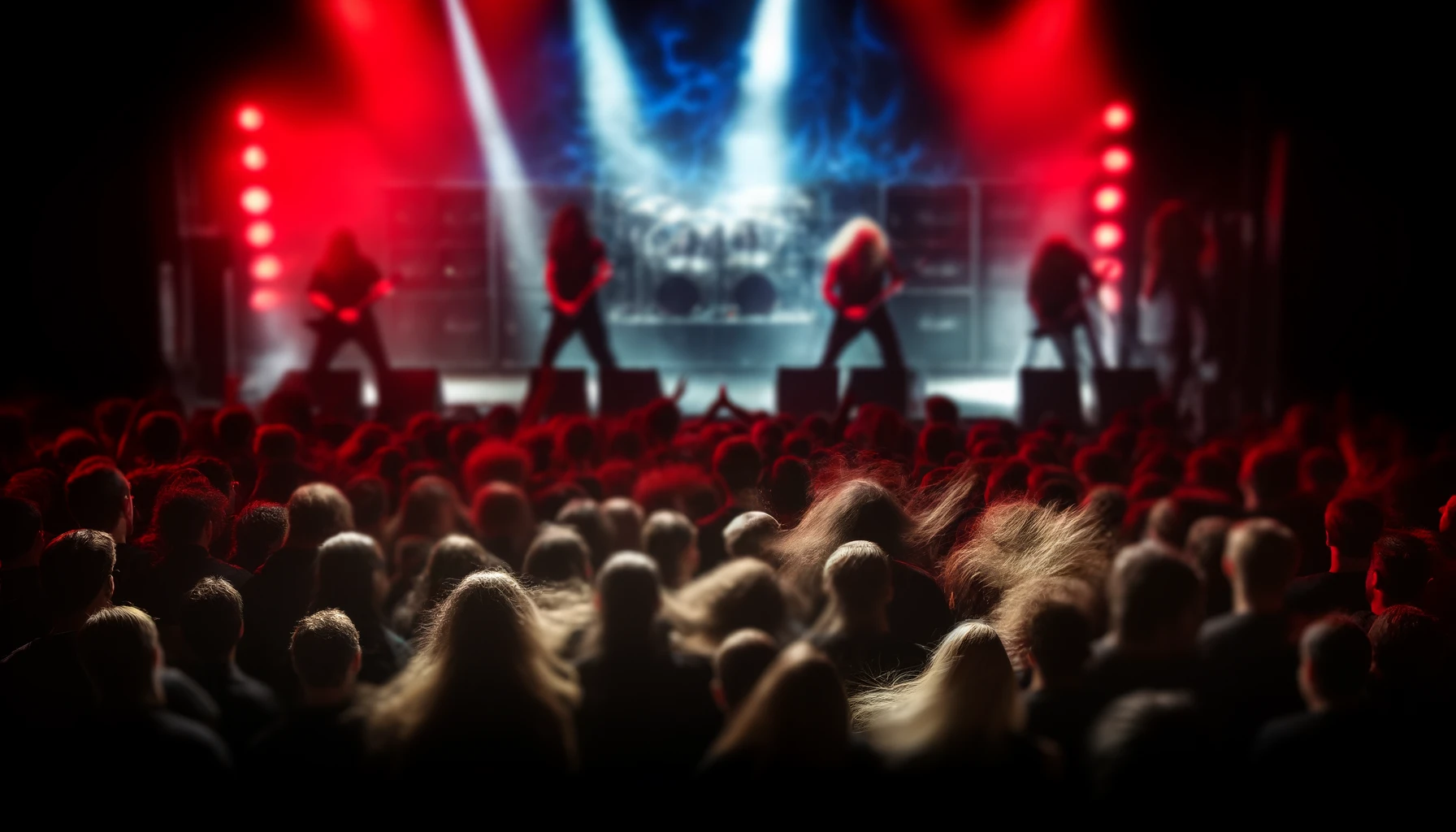 A vibrant metal concert with fans headbanging under blue stage lights, capturing the spirit of the longest headbanging sets.