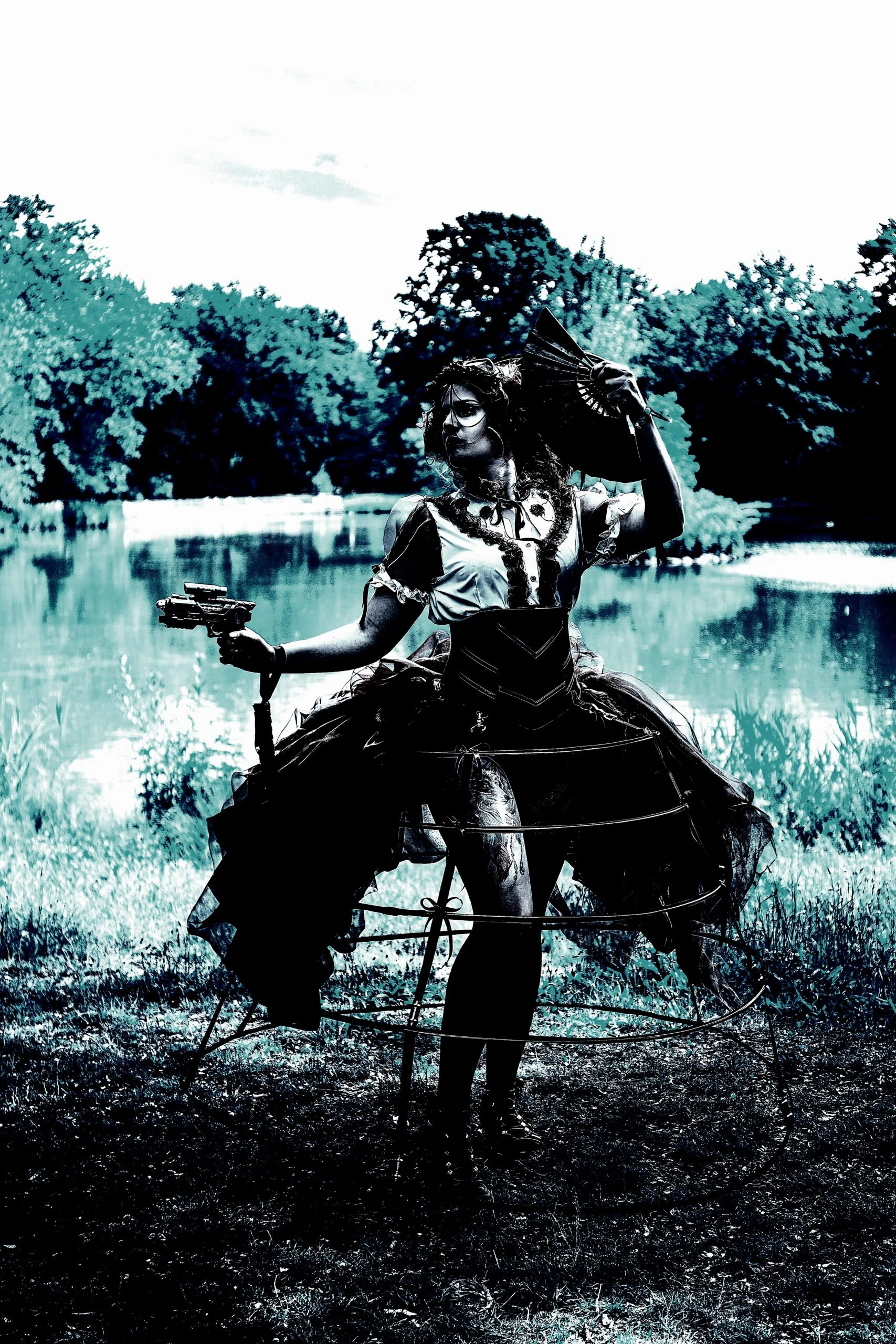 The same warrior figure from a different angle, emphasizing the elaborate gothic attire and mysterious ambiance by the water.