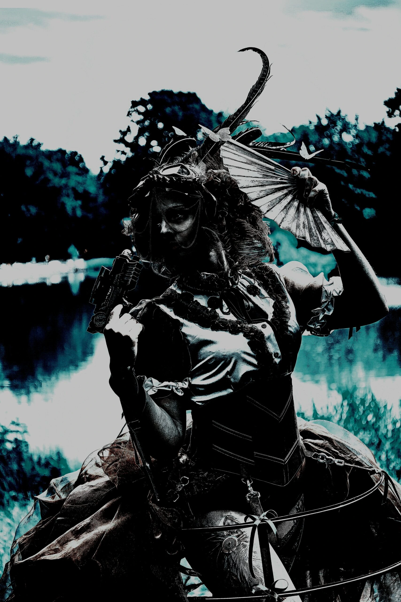 A gothic warrior-like figure in a dramatic costume with an antique fan and a scythe, set against a natural backdrop, exuding a powerful and otherworldly aura.