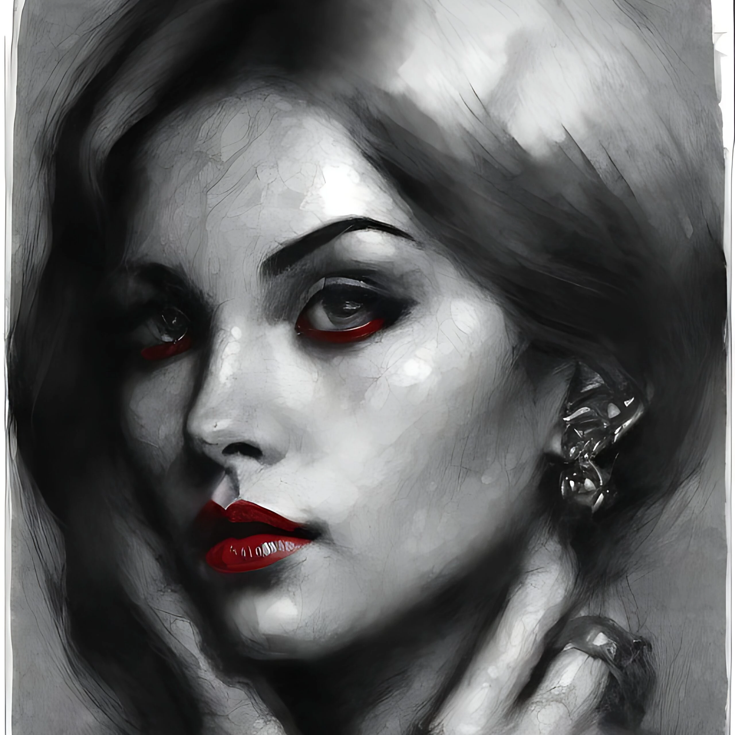 Monochromatic portrait of a woman with striking red eyes and lips against a cracked texture background.