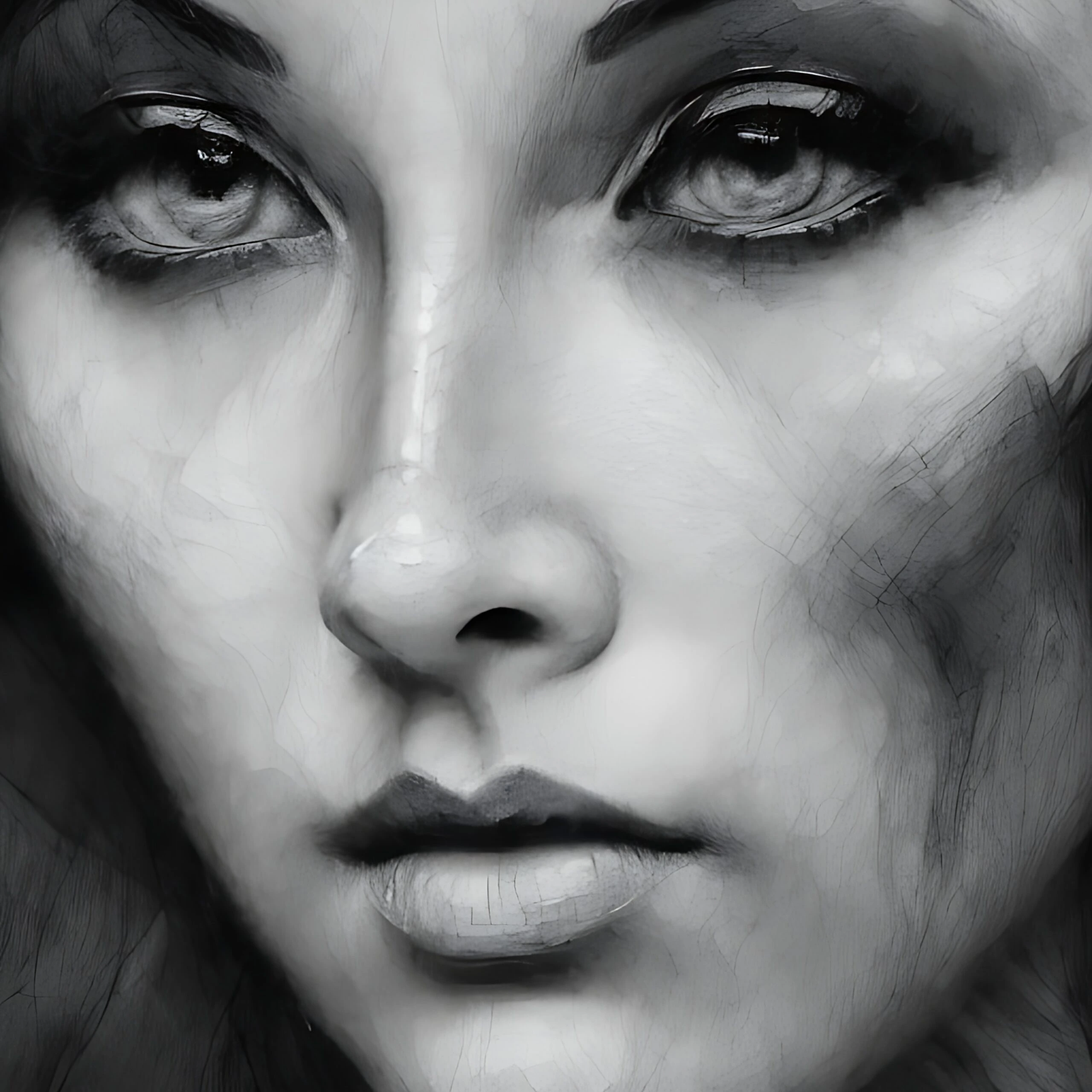 Close-up grayscale image of a woman's face with detailed eyes and a neutral expression.