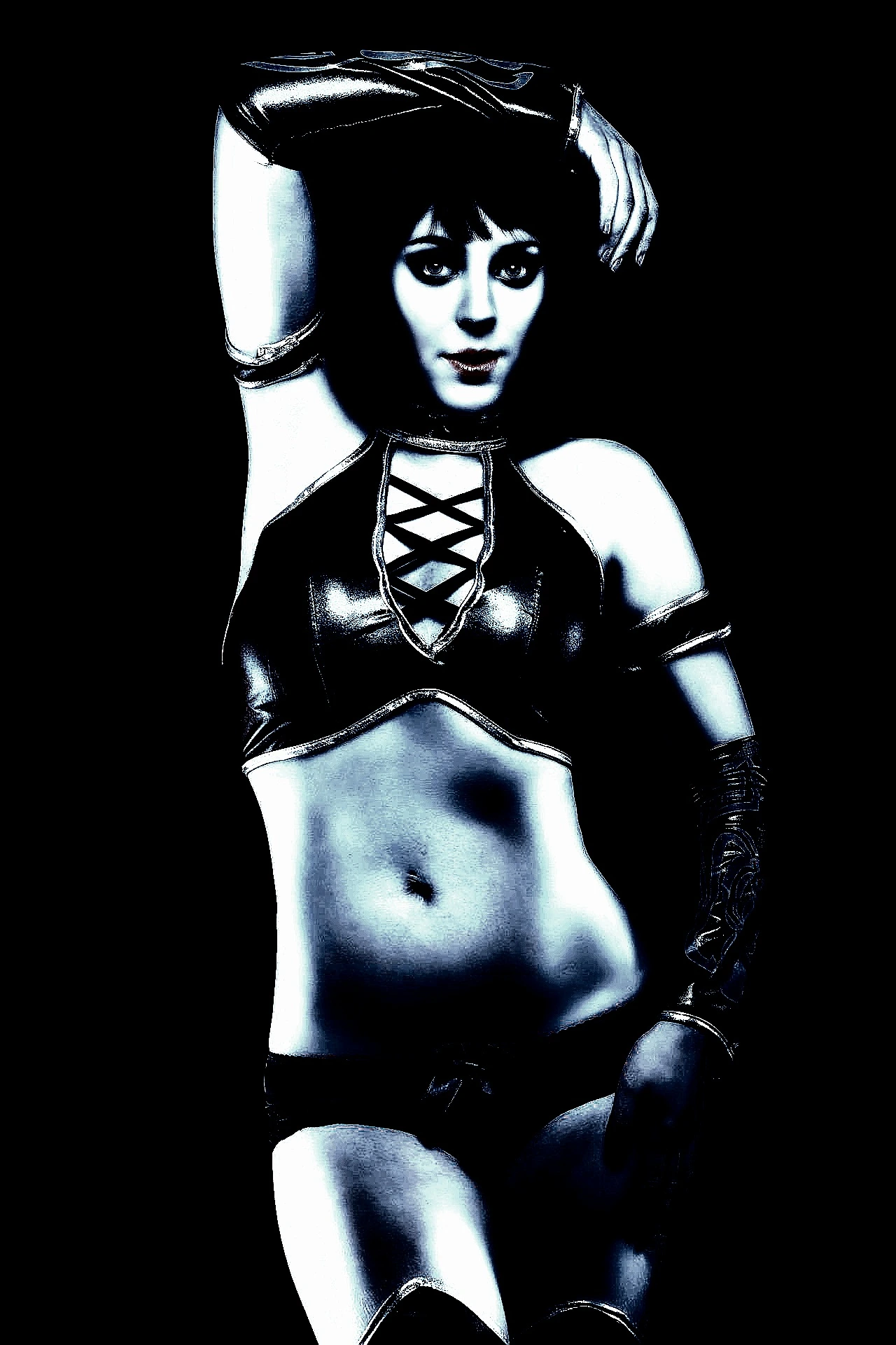 Portrait of a woman with goth makeup, dark hair with ribbon bows, pale skin contrasted with a dark, crimson outfit, accentuated by a blue filter.
