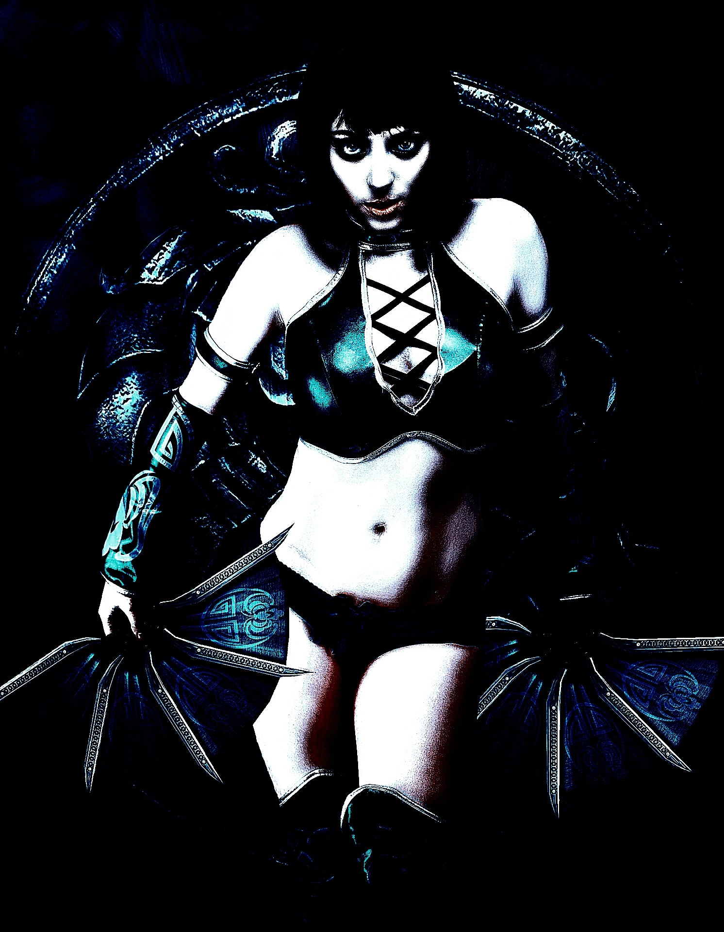 Cosplay enthusiast dressed in a detailed black and white costume with blue-toned imagery, striking a pose against an urban background.