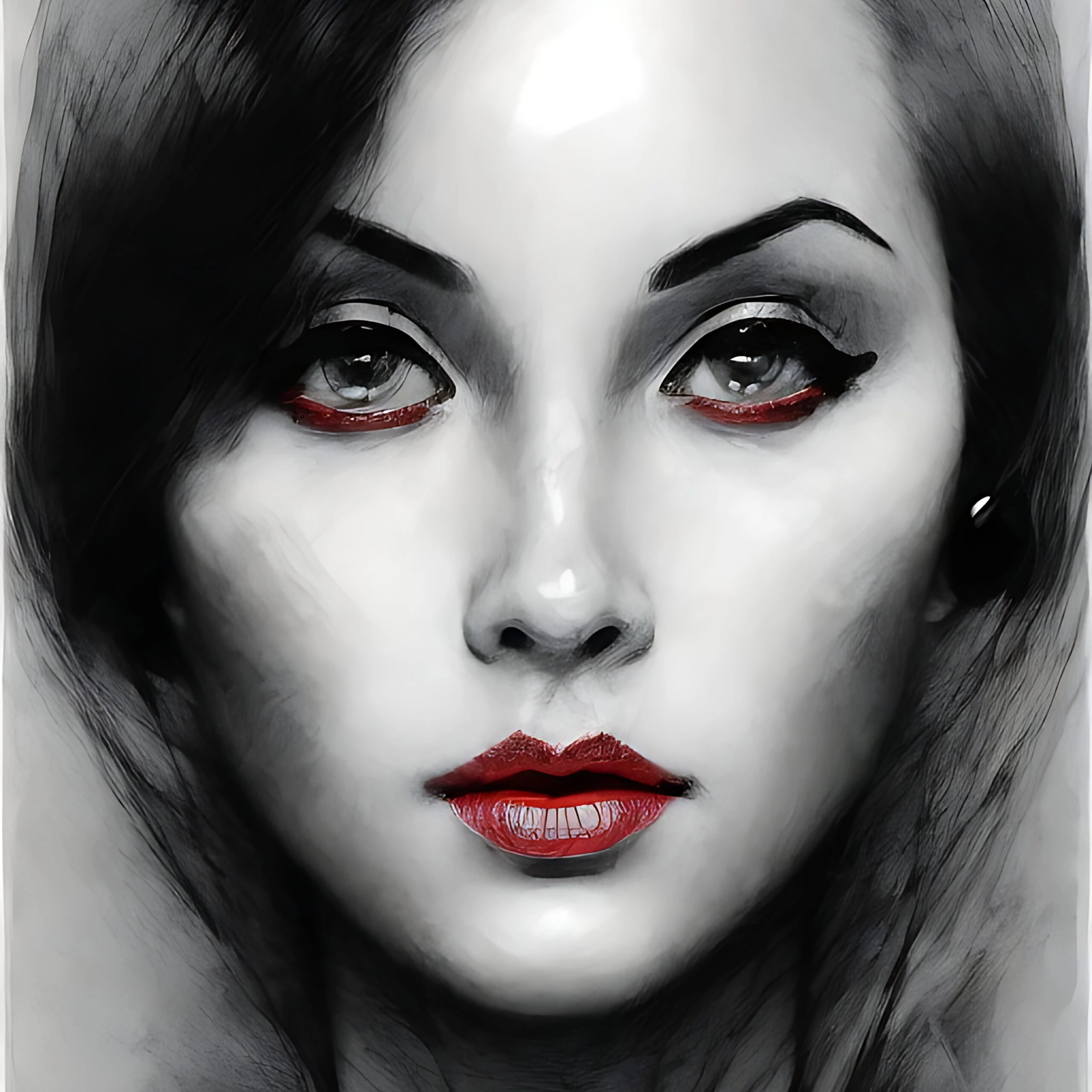 Black and white portrait of a woman with red eyeliner and lipstick, and a penetrating gaze.