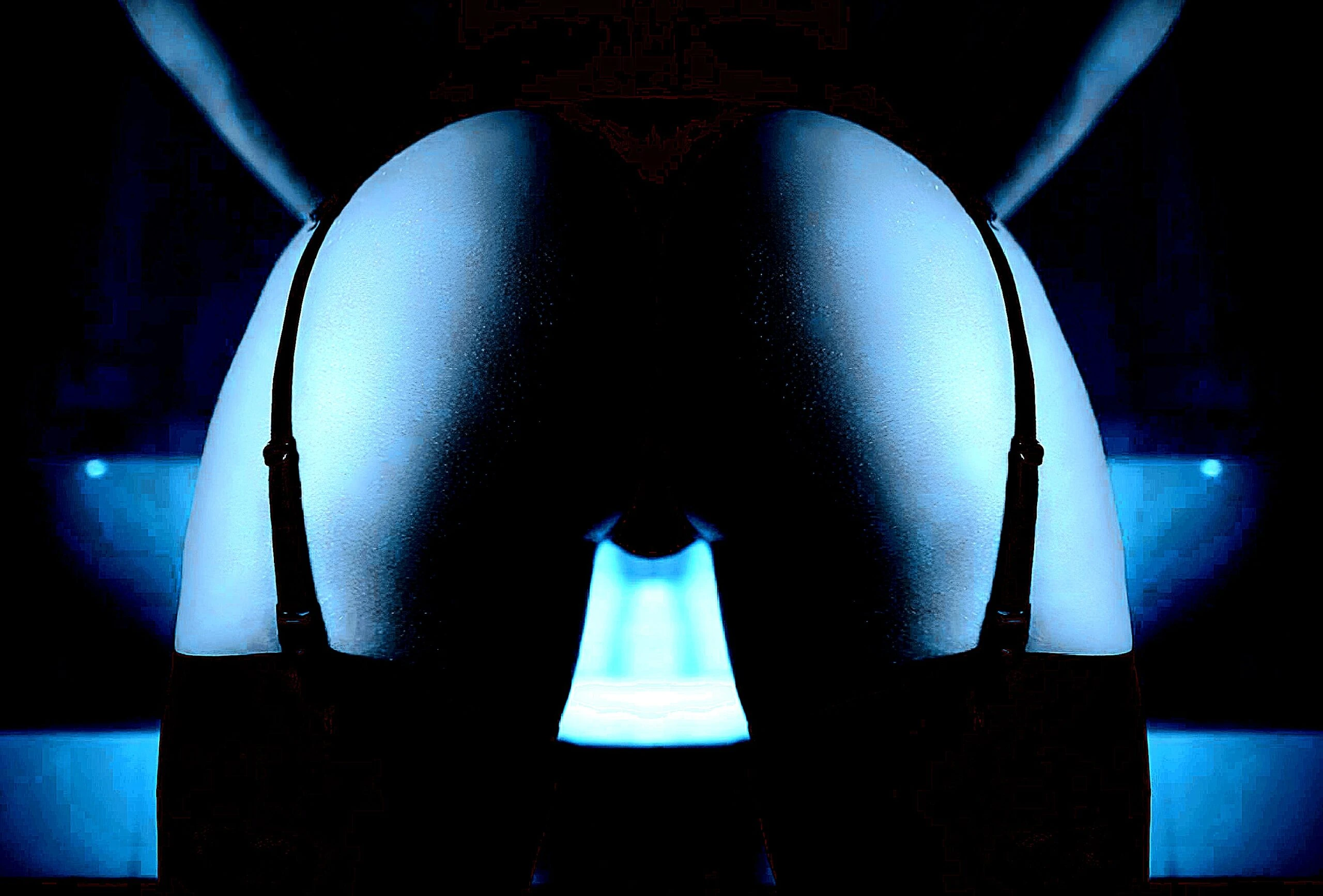 Erotic Symbolism and Imagery: Artistic shot of shadowed curves accentuated by blue backlighting with a mysterious gothic tone.