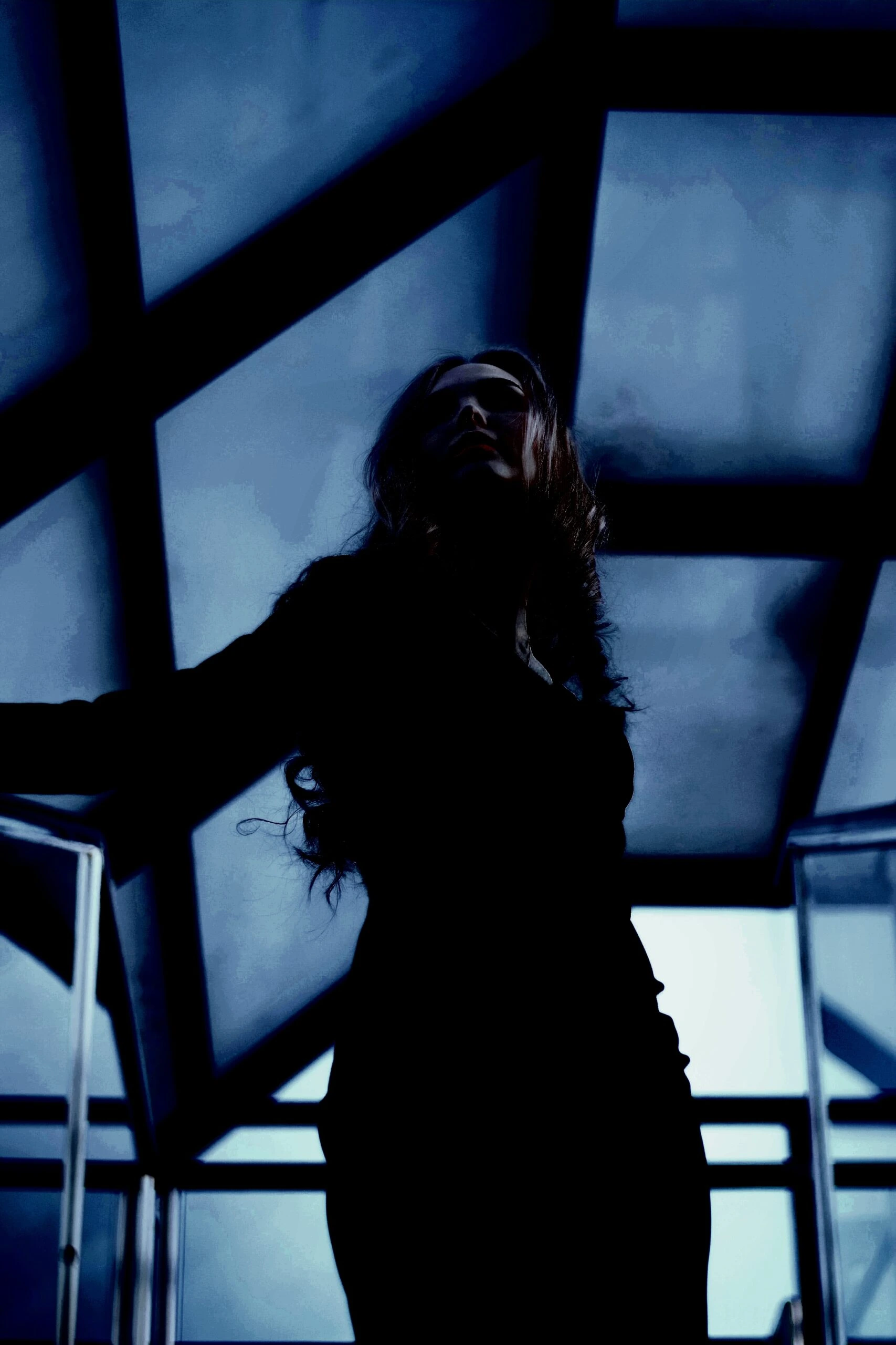 A figure striking a powerful pose under geometric skylight, shrouded in shades of blue, adding a sense of intrigue and gothic drama.
