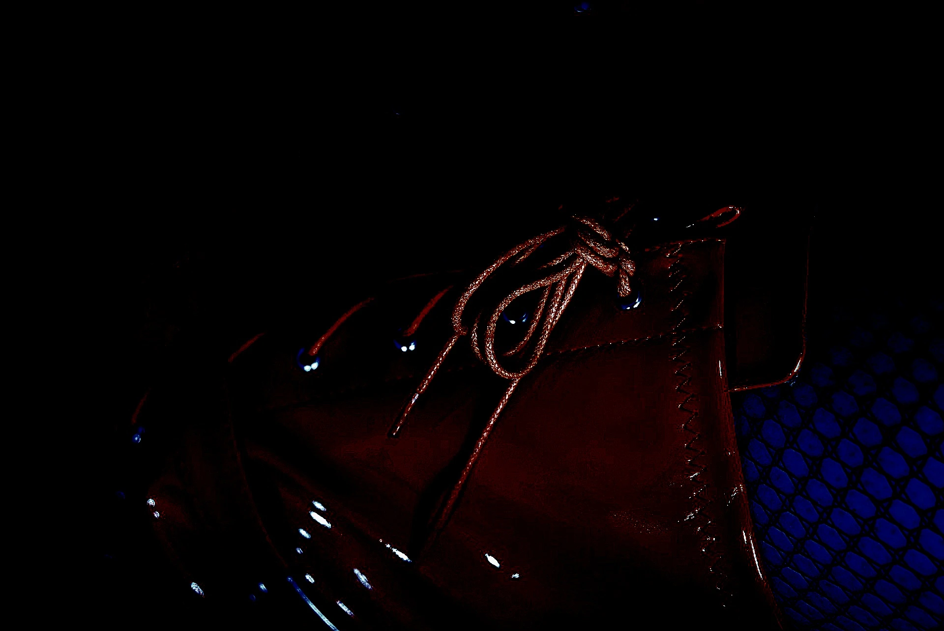 A darkly toned image of a person's lower legs and feet, adorned with fishnet stockings and bound at the ankles with a leather strap, evoking a sense of restricted movement and provocative stillness.