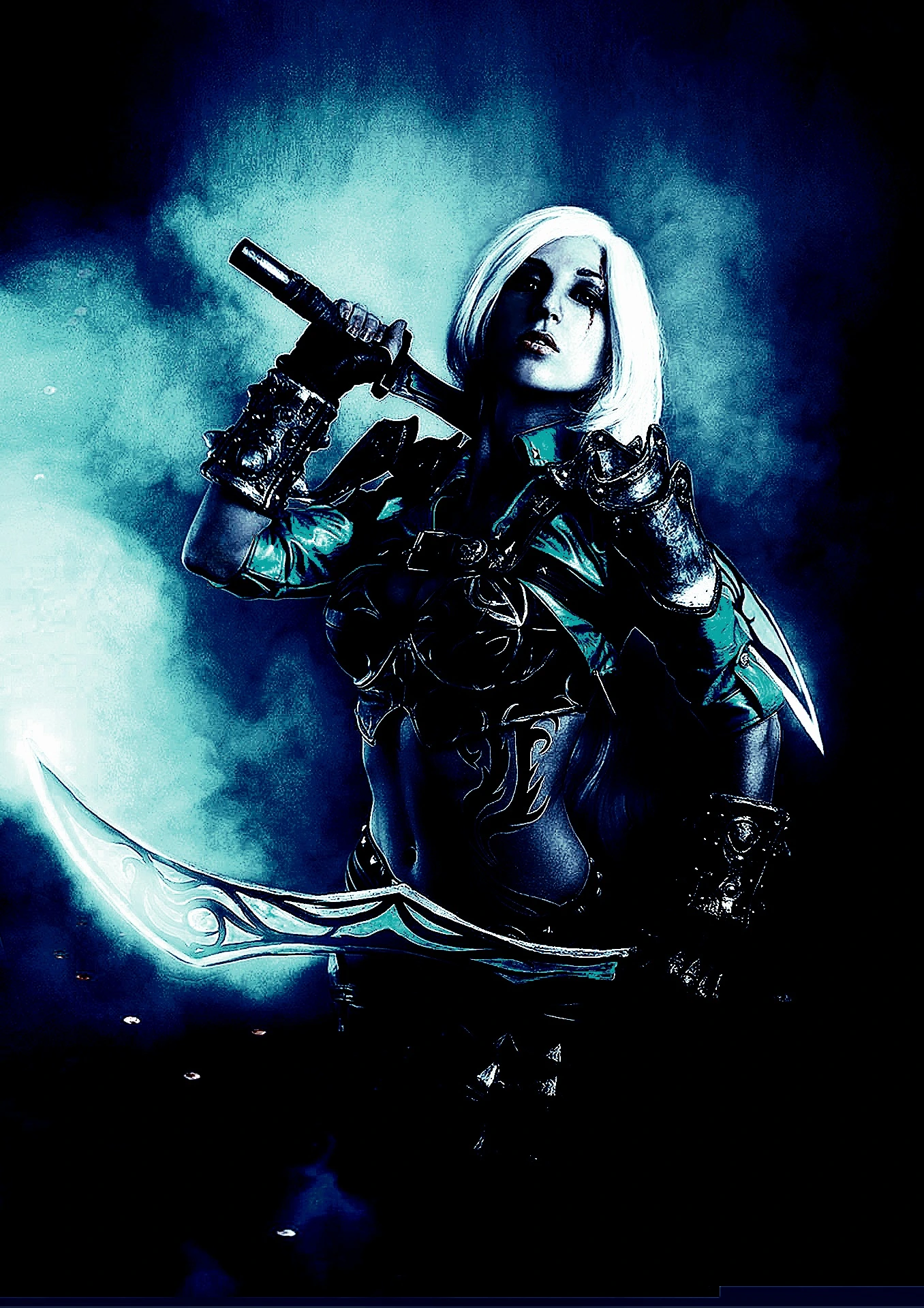 Cosplay enthusiast dressed in a detailed black and white costume with blue-toned imagery, striking a pose against an urban background.