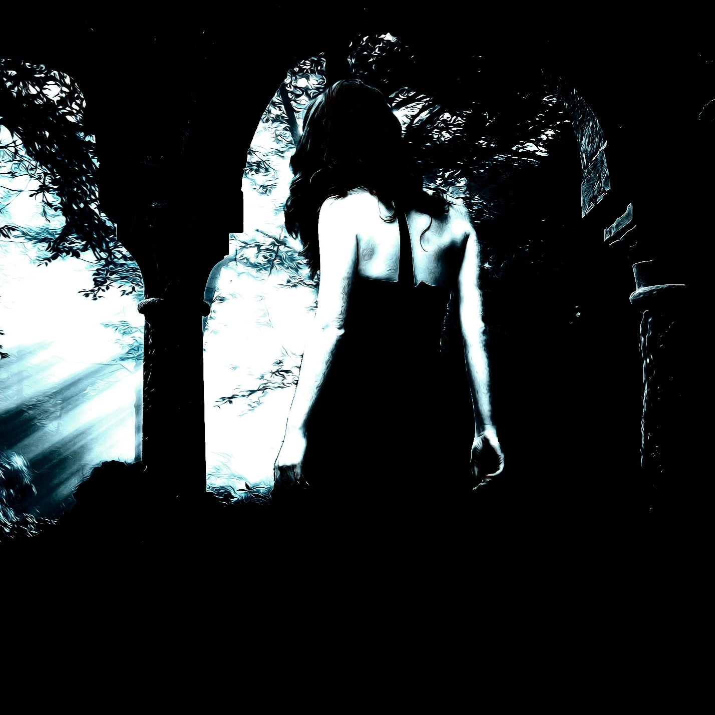 A figure in a gothic-inspired dress poised elegantly against a backdrop of ethereal blue hues, her contemplative gaze enhancing the mysterious ambiance.