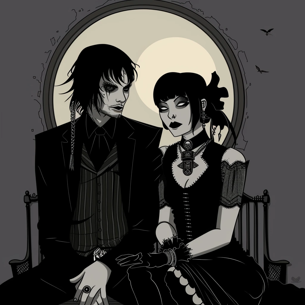 A gothic man and woman, in stark monochrome, channeling the dark elegance of BlutEngel's 'We Belong to the Night', under an ominous moon.