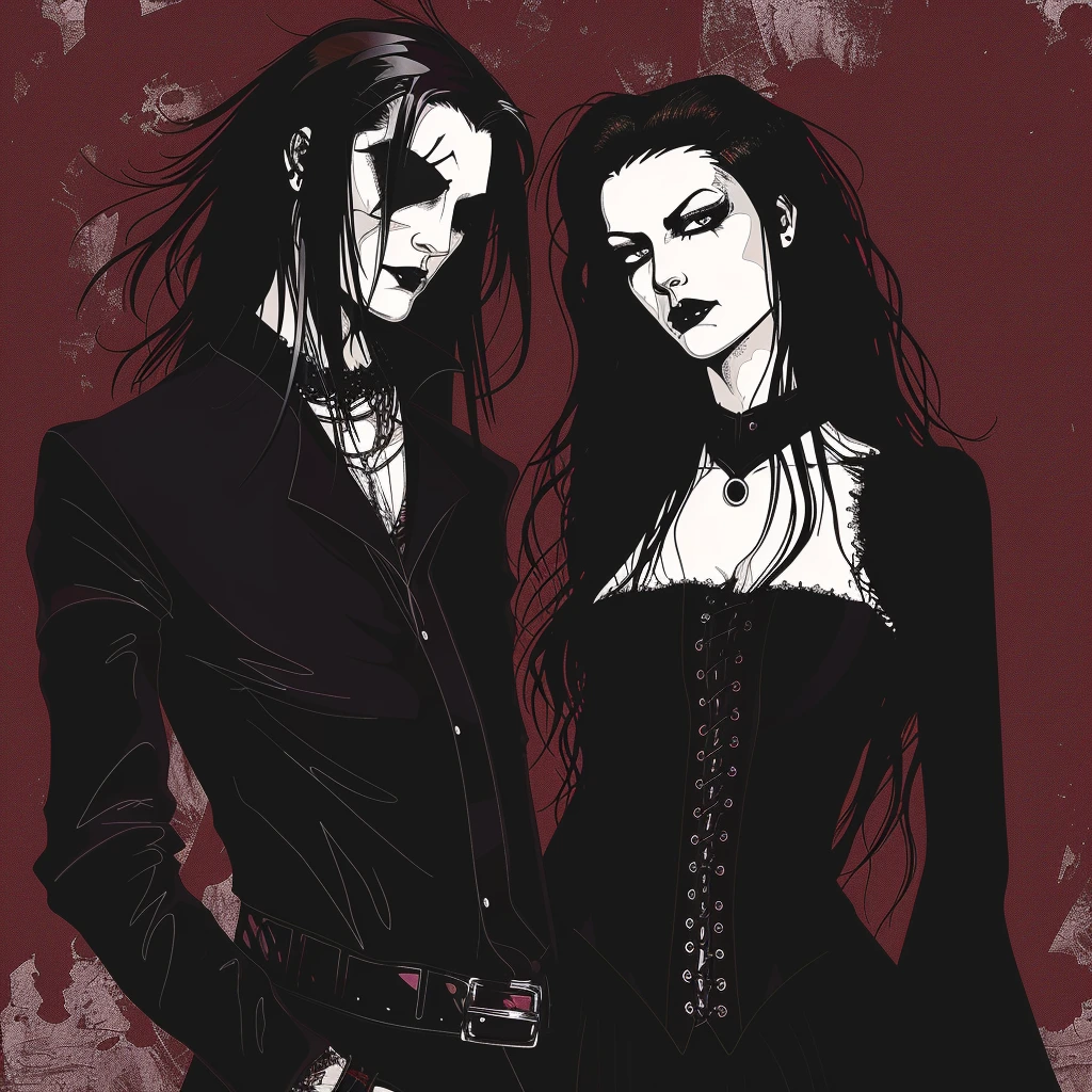 Monochromatic gothic couple seated against a moody, full moon, reflecting the theme of BlutEngel.