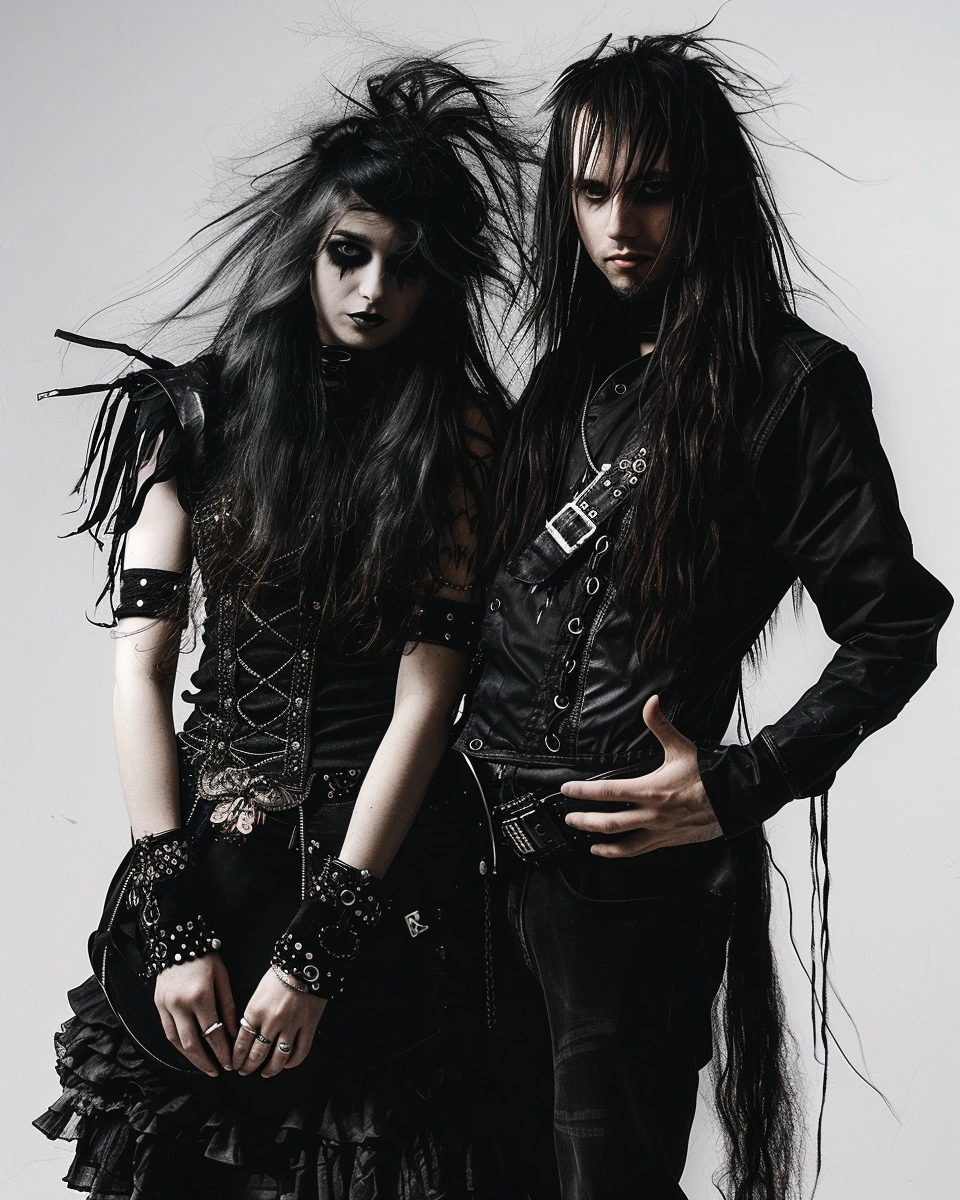 A rebellious duo with a gothic flair, representing Anti-Authoritarianism in their striking black attire and wild hair.