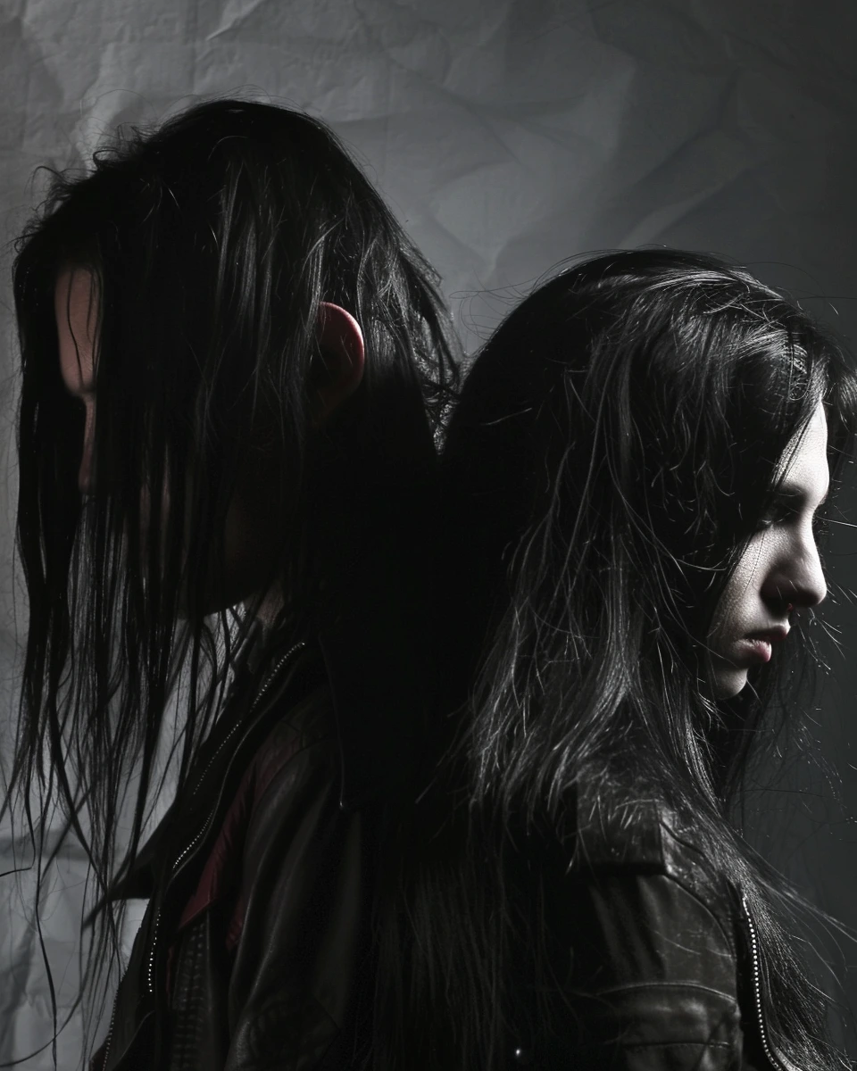 Silhouettes of a gothic pair, their Anti-Authoritarianism stance reflected in their shadowy, enigmatic presence.