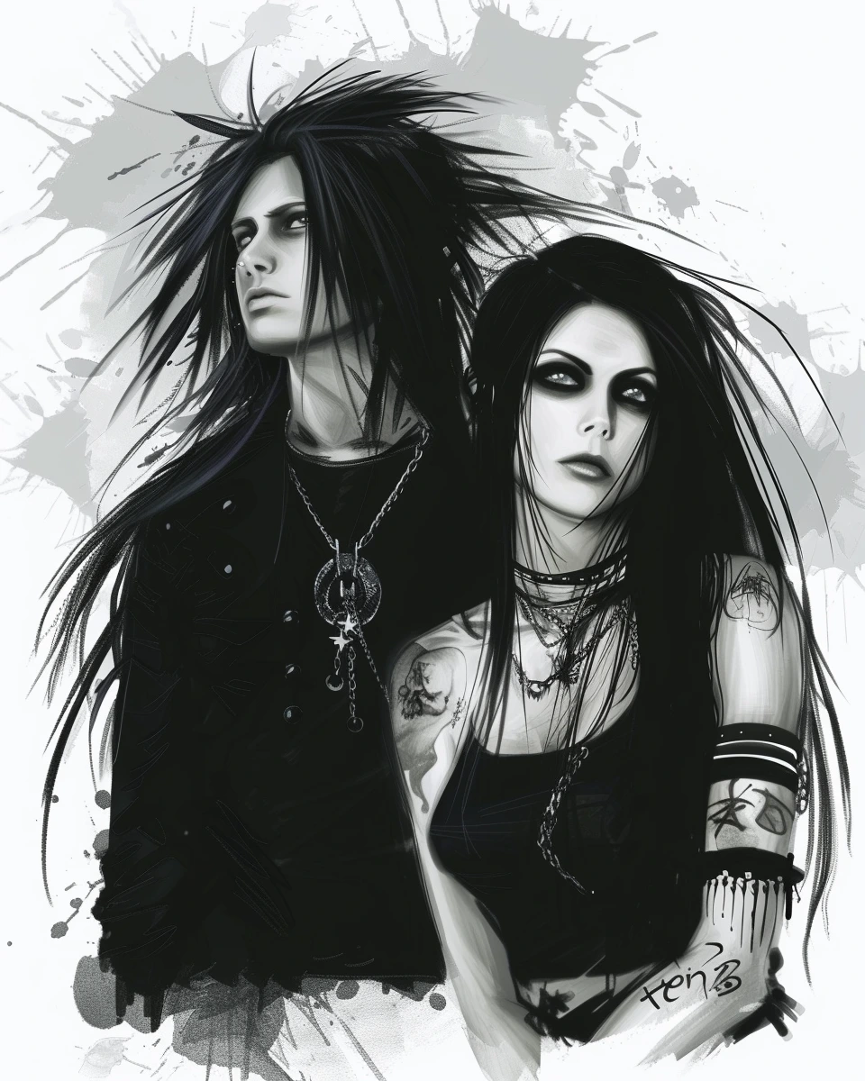 A portrait of Anti-Authoritarianism in metal culture, featuring a gothic woman and metalhead man in an intense, artistic rendition.