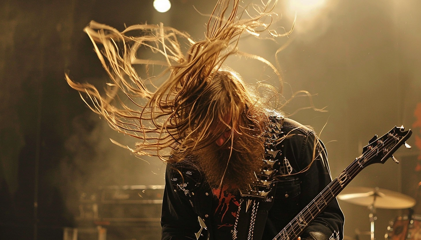 Intense headbanging guitarist in action, embodying the energy of the longest headbanging sets at a metal show.