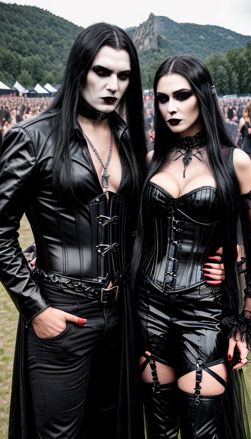 A gothic couple at a Leyendas del Rock festival, both in black leather, standing with a mountainous backdrop and a crowd in the distance.