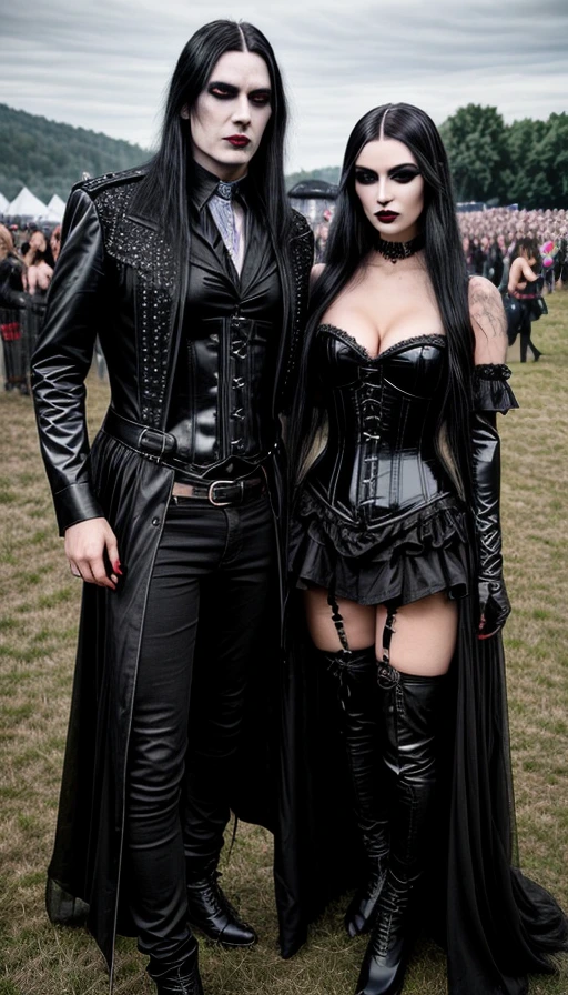 Elegant gothic couple at Leyendas del Rock 2020, man in black leather, woman in corset and thigh-high boots.