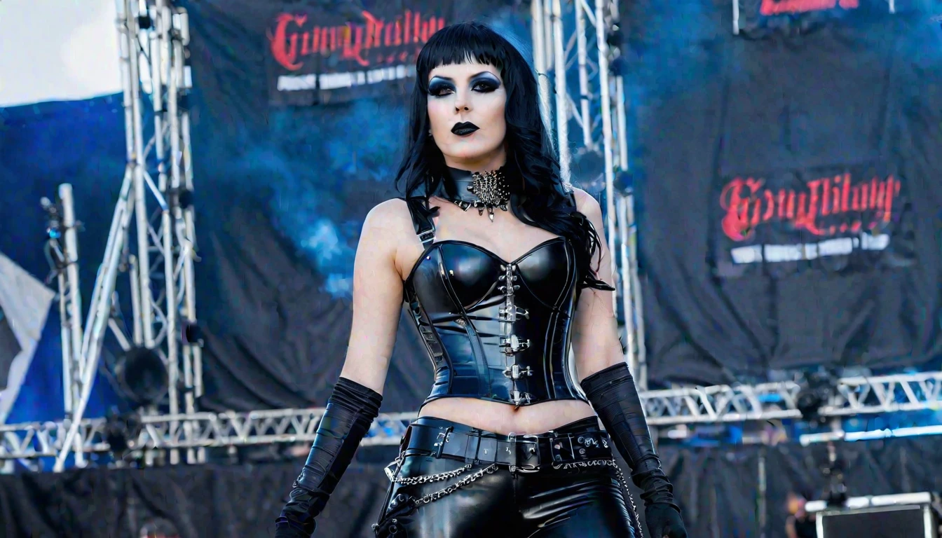 A woman on stage at Graspop Metal Meeting 2012, dressed in a black leather corset and pants with heavy goth makeup, standing confidently against a backdrop with festival logos.