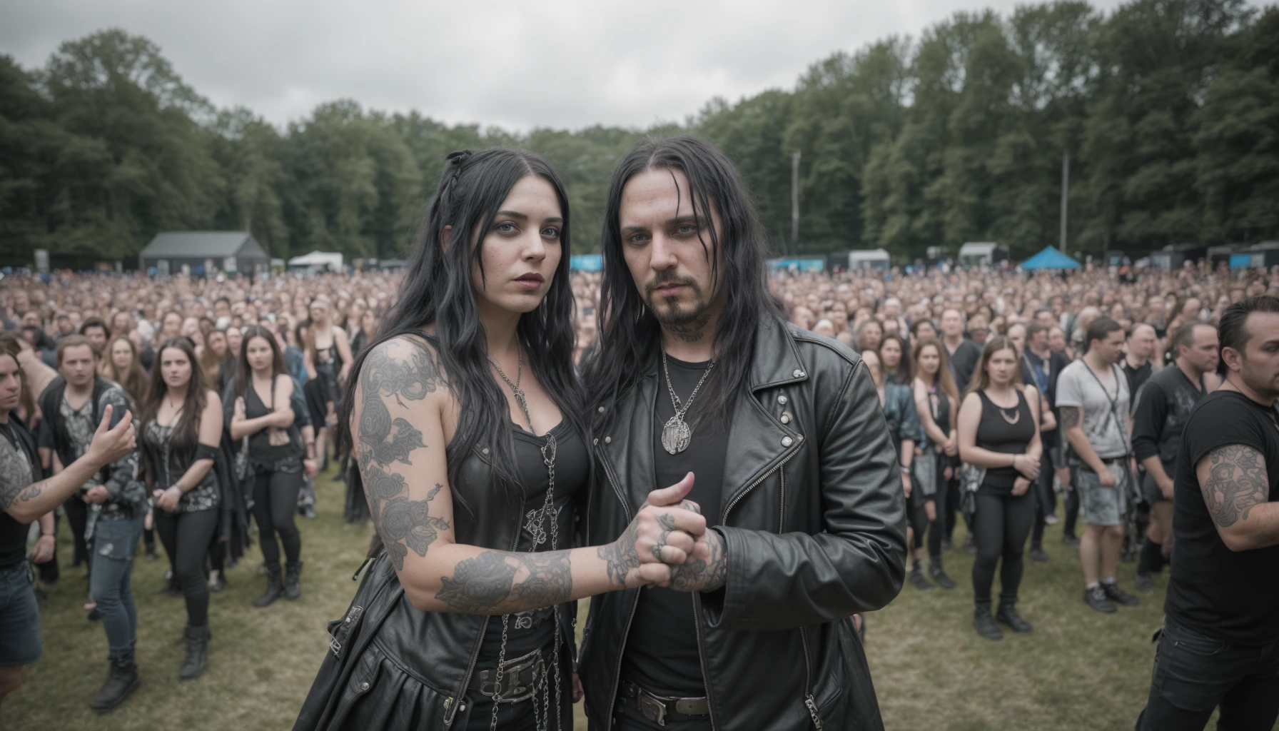 A gothic pair at Dynamo Metal Fest, with intense expressions and leather attire, stand united among a sea of metal fans, showcasing the community's camaraderie.