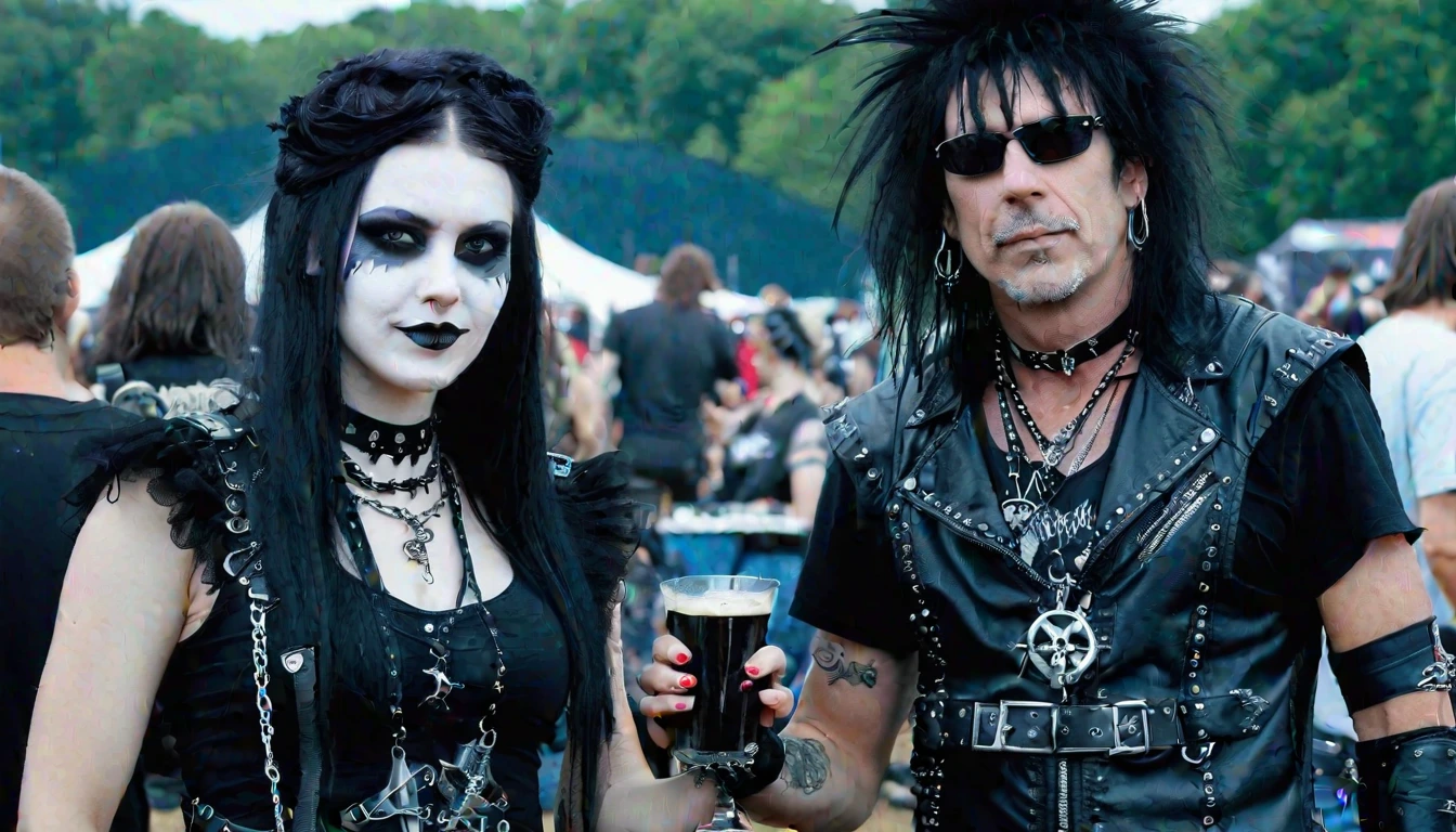 A goth couple enjoying Graspop Metal Meeting 2013, with the woman holding a beer, both adorned in black, with intricate goth attire, surrounded by a festival crowd.