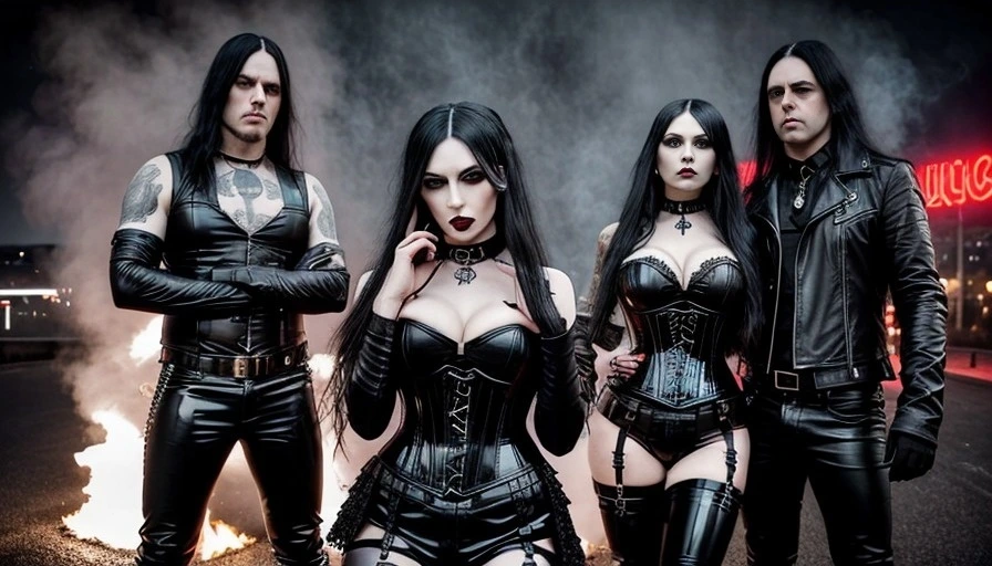 Against a fiery backdrop on a Gothenburg street, a gothic group in leather poses, exuding a fierce and unyielding spirit.