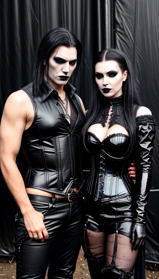 An intense gothic couple at Graspop Metal Meeting 2020, with a man in full leather and a woman in a corseted dress, both sporting dramatic black makeup.
