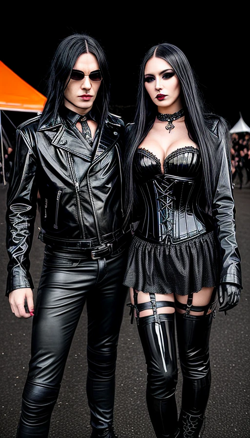 Goth pair at Resurrection Fest 2019 with the man in a black leather jacket and pants, the woman in a corset dress with a skirt and garter belts.