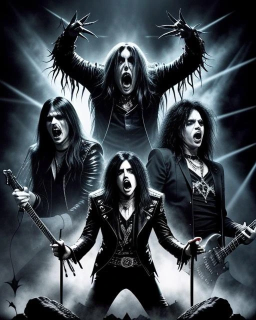 Monochromatic image of a shock rock band with intense expressions and theatrical outfits against a backdrop of beams of light.