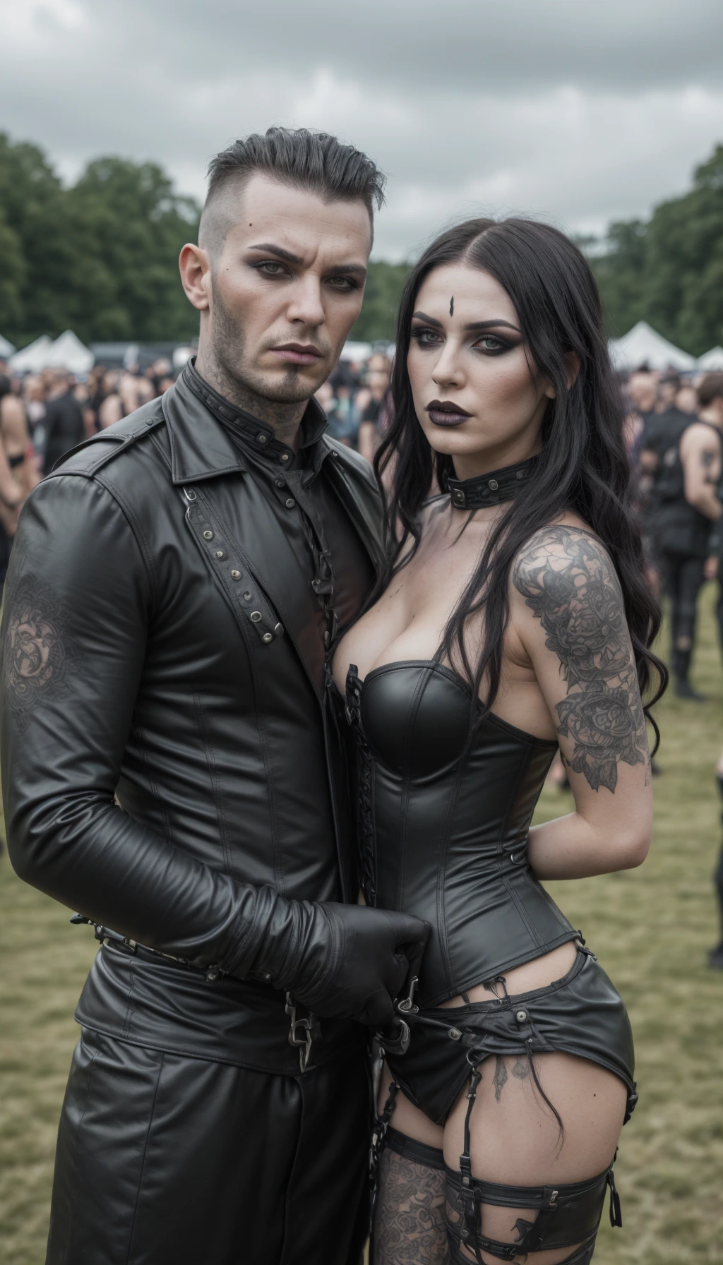 A gothic couple at Leyendas del Rock, man with slicked-back hair and a leather jacket, woman in a corset and lace arm sleeves.