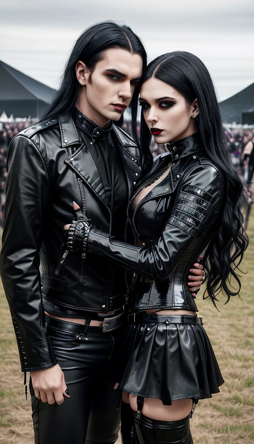 Stylish gothic couple at Arvika Festivalen 2003, both in black leather, with woman in corset and man in jacket.