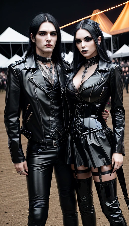 Couple in gothic leather outfits at Arvika Festivalen 2004, woman in a black corset dress, man in a jacket."