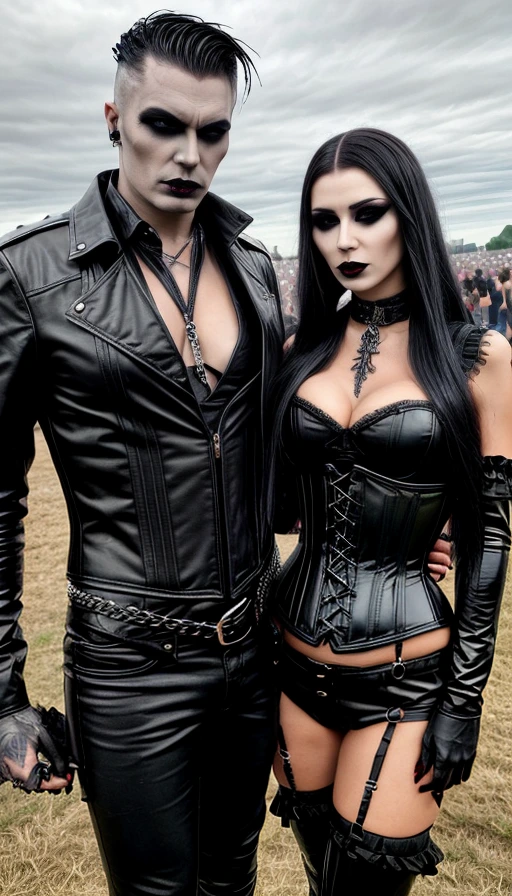 A couple at Hellfest 2018 exuding gothic allure, with the man in slicked-back hair and dark makeup, the woman in a corseted black dress, both with intense gazes.