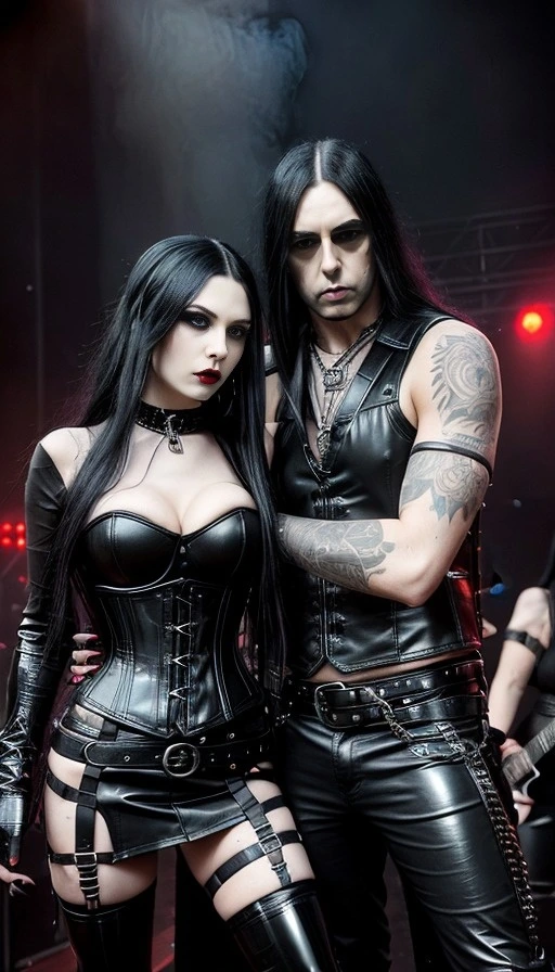 Gothic metal couple in striking black attire at Blind Guardian concert in Gothenburg.