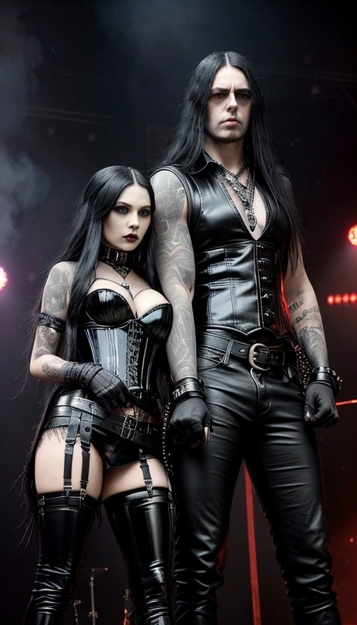 Metalhead pair in gothic gear exuding the vibe of Blind Guardian's Gothenburg performance.