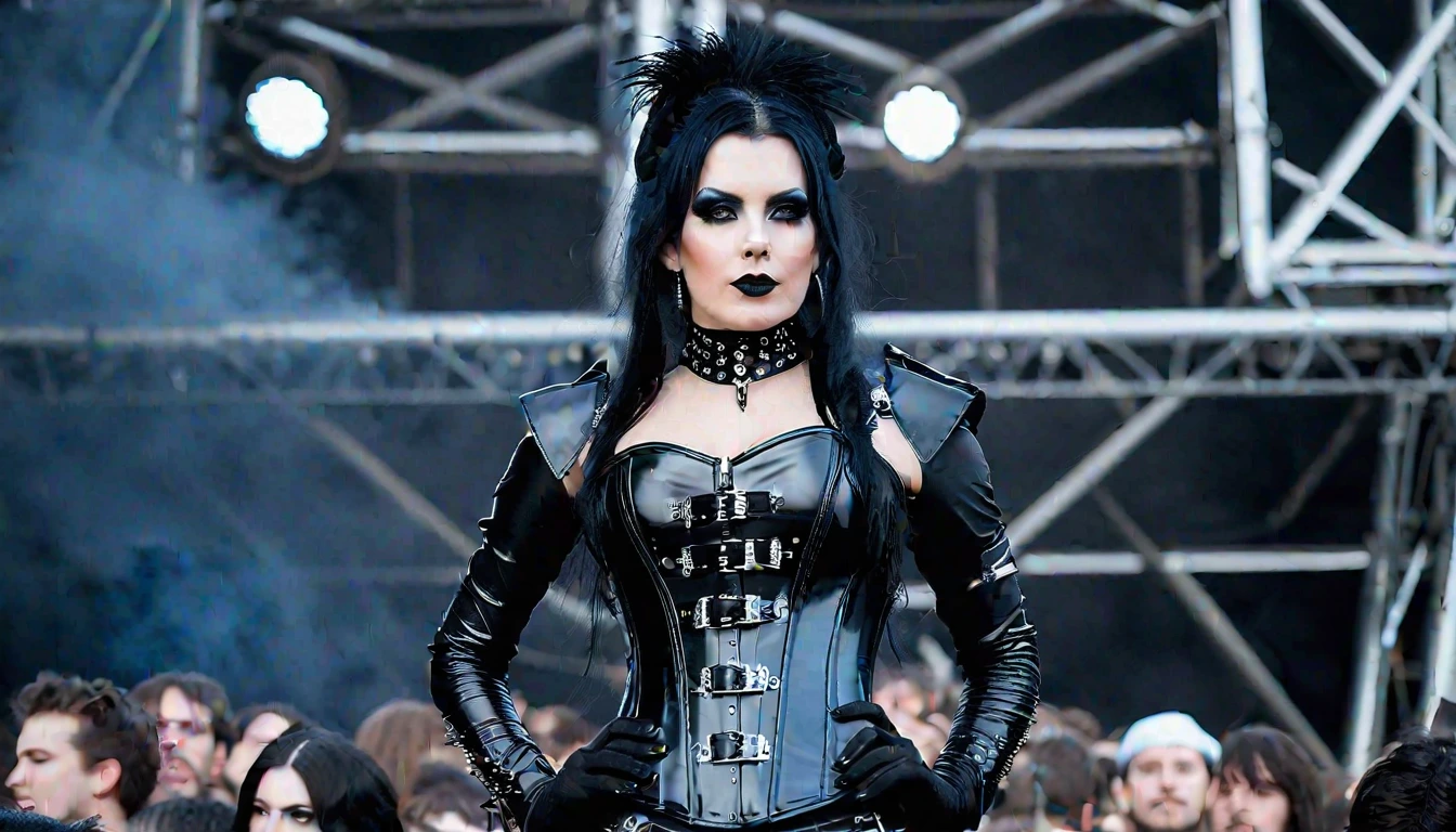 Performer at Graspop Metal Meeting 2014, captured mid-performance in goth-inspired stage costume, complete with dark makeup and an elaborate leather outfit.